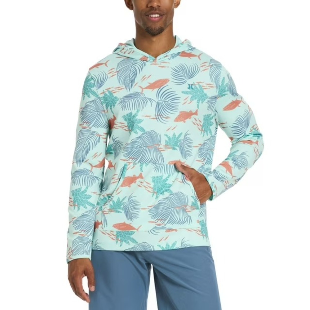Hurley Mens Mesh Hooded UV Tee Light Blue Tropical Print UPF 50 S NWT